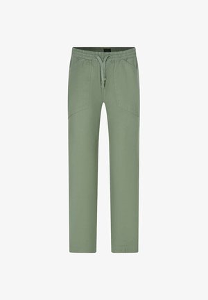 Lichtgroene casual broek met elastische tailleband, trekkoord en twee voorzakken, weergegeven op een witte achtergrond.