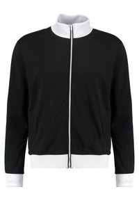 Black zip-up jacket with a high collar, white ribbed accents at the neck and cuffs, and side pockets. Smooth fabric with a classic design.