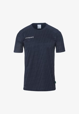 Mørkeblå sports T-shirt med korte ærmer, der har et struktureret geometrisk mønster og et hvidt logo øverst til venstre.