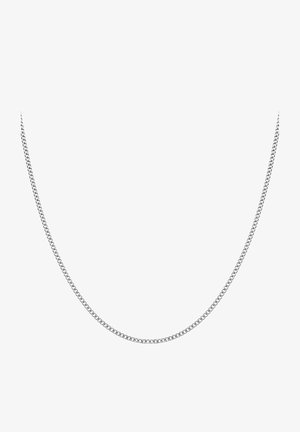 Zilveren metalen kettinghalsketting, met een soepel, rond schakeldesign, een gepolijste afwerking en een constante, gemiddelde dikte door het geheel.