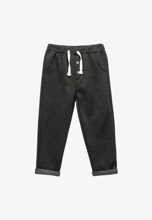 Donkergrijze sweatpants met een zachte textuur, voorzien van een elastische tailleband, opgerolde boorden, twee zijzakken en een trekkoordsluiting.