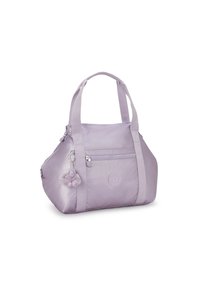 Lavender handbag with dual handles, front zip pocket, round logo patch, and a plush monkey keychain attached to the handle.