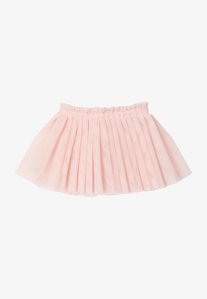 Jupe en tulle plissé rose clair avec taille élastique, conçue pour un enfant.