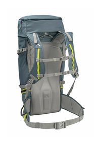 Rucksack mit einer dunkelblauen Außenseite, grauer gepolsterter Rückenstütze, verstellbaren Trägern und reflektierenden gelben Akzenten für bessere Sichtbarkeit.