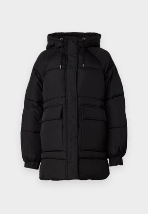 Schwarze gepolsterte Jacke mit Kapuze, verstellbaren Kordeln, zwei Vordertaschen und strukturiertem Finish. Konzipiert für Wärme und Komfort.