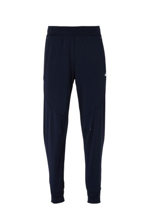 Pantalons de sport bleu marine avec une taille ajustée, des jambes fuselées, des poches latérales discrètes et une texture de tissu lisse. Détails de logo.