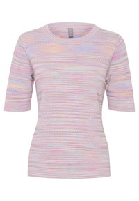 Top de punto de manga corta a rayas en tonos pasteles de rosa, azul y amarillo, con cortes horizontales y diseño de cuello redondo. Textura suave.