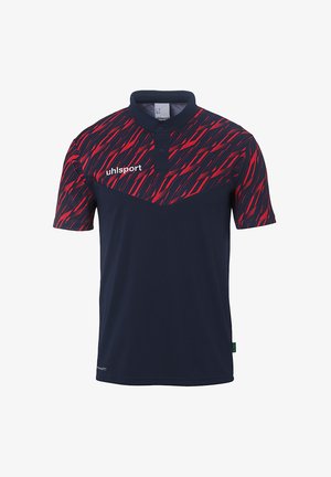 Navy polo shirt with red graphic pattern, short sleeves, and a three-button collar. Features "uhlsport" logo on the left chest.