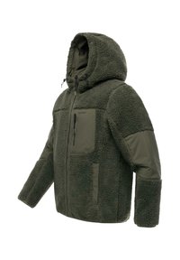 Olivengrønn hettejakke med en teksturert fleece-kropp, nylon-detaljer, glidelåsfront og to sidelommer for oppbevaring.