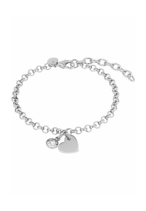 Silbernes Kettenarmband mit herzförmigem Anhänger und kleinem runden Kristallanhänger, verstellbarer Verschluss auf weißem Hintergrund.