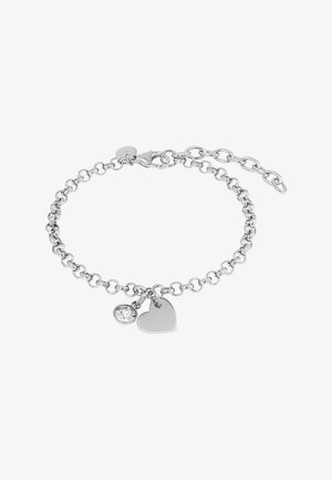 Silbernes Kettenarmband mit herzförmigem Anhänger und kleinem runden Kristallanhänger, verstellbarer Verschluss auf weißem Hintergrund.