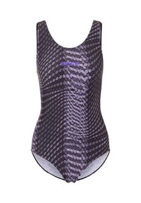 Eénstukswimsuit met een paars en zwart hexagonaal patroon en het "BECO" logo op de borst.