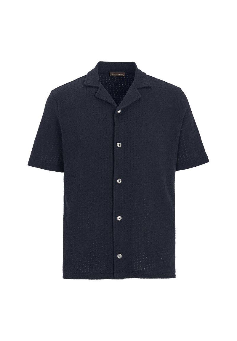 Granatowa koszula z krótkim rękawem z fakturowanej tkaniny, z kołnierzem z wycięciem, zapinana na sześć przednich guzików, o luźnym kroju.