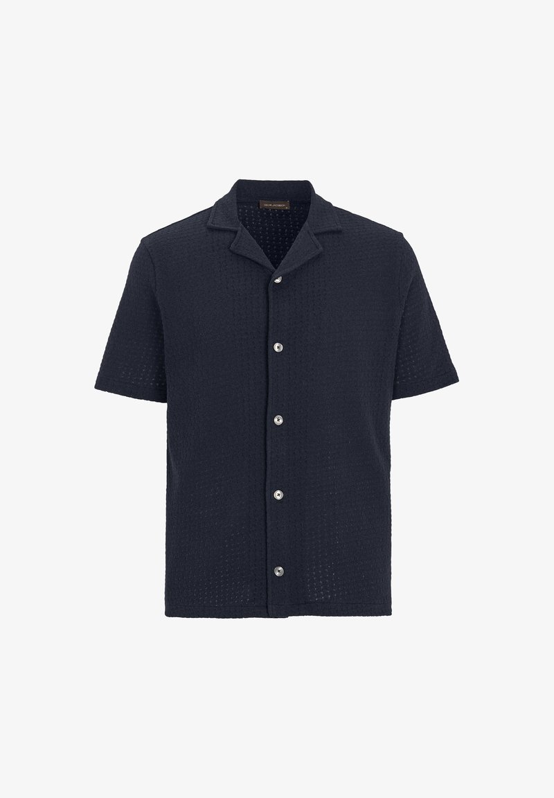 Granatowa koszula z krótkim rękawem z fakturowanej tkaniny, z kołnierzem z wycięciem, zapinana na sześć przednich guzików, o luźnym kroju.