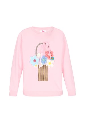 Sudadera rosa con un diseño texturizado de cesta floral que presenta flores de fieltro en varios colores y un detalle de asa tejida.