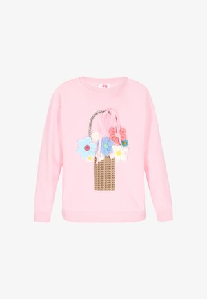 Sudadera rosa con un diseño texturizado de cesta floral que presenta flores de fieltro en varios colores y un detalle de asa tejida.