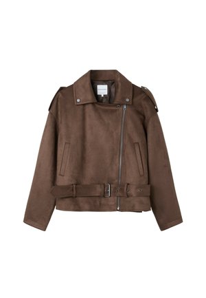 Stradivarius, BIKER JACKET WITH BELT - Veste en similicuir - dark brown