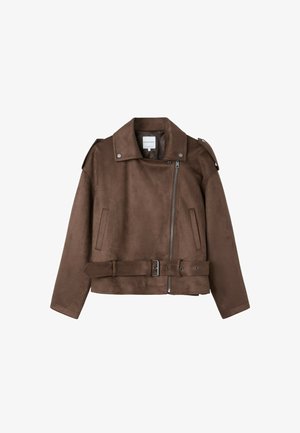 Stradivarius, BIKER JACKET WITH BELT - Veste en similicuir - dark brown