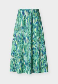 Φούστα μέσης με φουσκωτό τελείωμα και αφηρημένο μοτίβο από πινελιές σε αποχρώσεις του πράσινου, μπλε και εκρού σε λευκό φόντο.