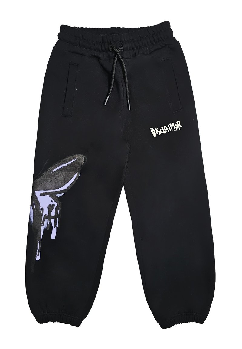 Pantaloni sportivi neri con vita e polsini elasticizzati, cordino, grafica a goccia della mano sulla gamba sinistra e testo "Disclaimer" bianco sulla coscia destra.