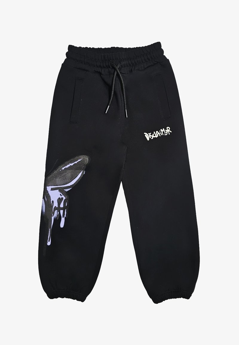 Pantaloni sportivi neri con vita e polsini elasticizzati, cordino, grafica a goccia della mano sulla gamba sinistra e testo "Disclaimer" bianco sulla coscia destra.