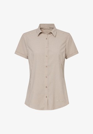 Beige-weiß kariertes Kurzarm-Hemd mit Knopfleiste, Kragen, tailliertem Schnitt und dezentem Markenlogo nahe dem unteren Saum.