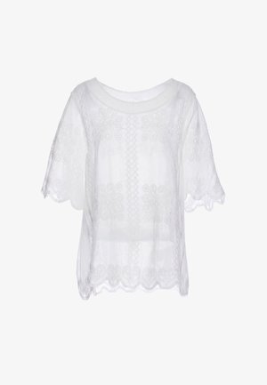 Weiße durchscheinende Bluse mit floralen Spitzenmustern, kurzen Ärmeln, rundem Ausschnitt und gewellten Kanten an Ärmeln und Saum.