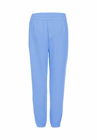 Pantalones de chándal de tejido suave en azul claro, con una cinturilla elástica y piernas ajustadas, sin patrones visibles ni hardware adicional.