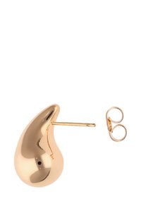 Goldfarbene Steckerohrringe in Tropfenform mit glatter, reflektierender Oberfläche. Enthalten eine Metallrückseite für sicheren Halt.