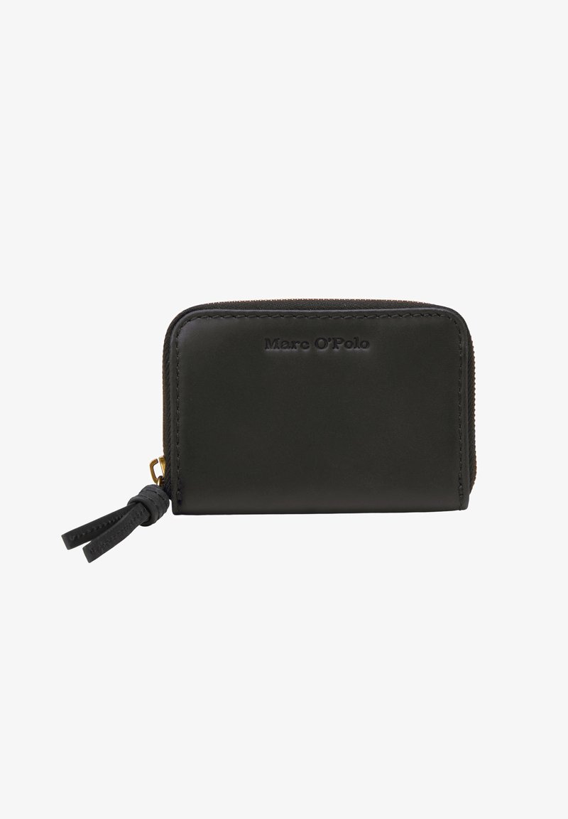 Black leather wallet with a zip closure, featuring a logo embossed on the front and a textured finish. Includes a decorative zipper pull.