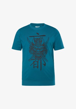 T-shirt in cotone turchese con un design grafico nero che rappresenta un volto feroce e spade, maniche corte, colletto tondo e orlo dritto.