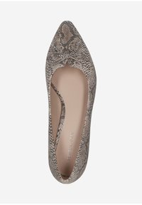 Des ballerines à bout pointu avec un motif serpent dans des nuances de marron et de beige. Présentent un détail découpé sur les côtés et un intérieur lisse.