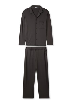 Set di pigiama grigio scuro composto da una camicia con maniche lunghe e bottoni, dotata di tasca sul petto, e pantaloni con vita elasticizzata. Tessuto morbido e leggero.