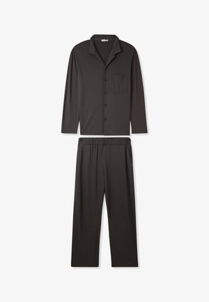 Set di pigiama grigio scuro composto da una camicia con maniche lunghe e bottoni, dotata di tasca sul petto, e pantaloni con vita elasticizzata. Tessuto morbido e leggero.