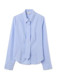 Camicia button-up azzurro chiaro con righe bianche, dotata di una cravatta coordinata. Maniche lunghe, colletto tradizionale e design a orlo curvo.