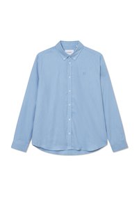 Light blue long-sleeve shirt made of a smooth fabric, featuring a button-down collar, front pocket, and subtle logo embroidery on the chest.