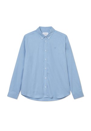 Lyseblå langermet skjorte laget av et glatt stoff, med knepping i kragen, frontlomme og subtil logo-broderi på brystet.