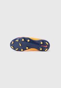 Nike cleat sole in orange and yellow, with a navy blue outsole. Features circular yellow studs for traction and a textured surface.