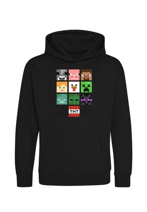 Sort hættetrøje med pixeliserede Minecraft-figurers ansigter og en TNT-blok arrangeret i et 3x4 gitter på forsiden.