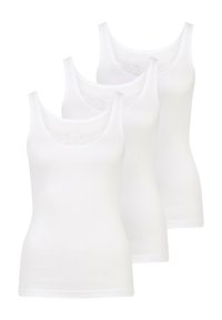 Three white cotton tank tops feature a scoop neckline and lace detailing at the chest, with a fitted design and soft texture.