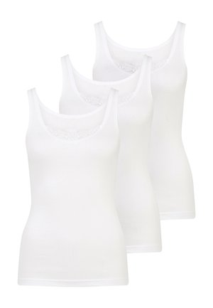 Drei weiße Baumwoll-Tanktops mit rundem Ausschnitt und Spitze am Oberteil, ausgestattet mit einer figurbetonten Passform und weichem Material.