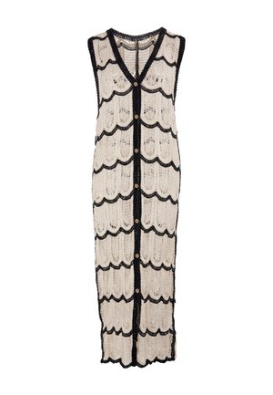 Langes ärmelloses beiges Strickkleid mit schwarzem wellenförmigem Rand und vorderen Knöpfen, mit einem transparenten, offen gestrickten Muster.