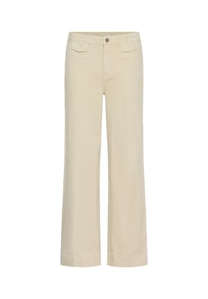 Pantalon beige à jambes larges avec fermeture à boutons et fermeture éclair à l'avant, deux poches à rabat avant et passants pour ceinture.