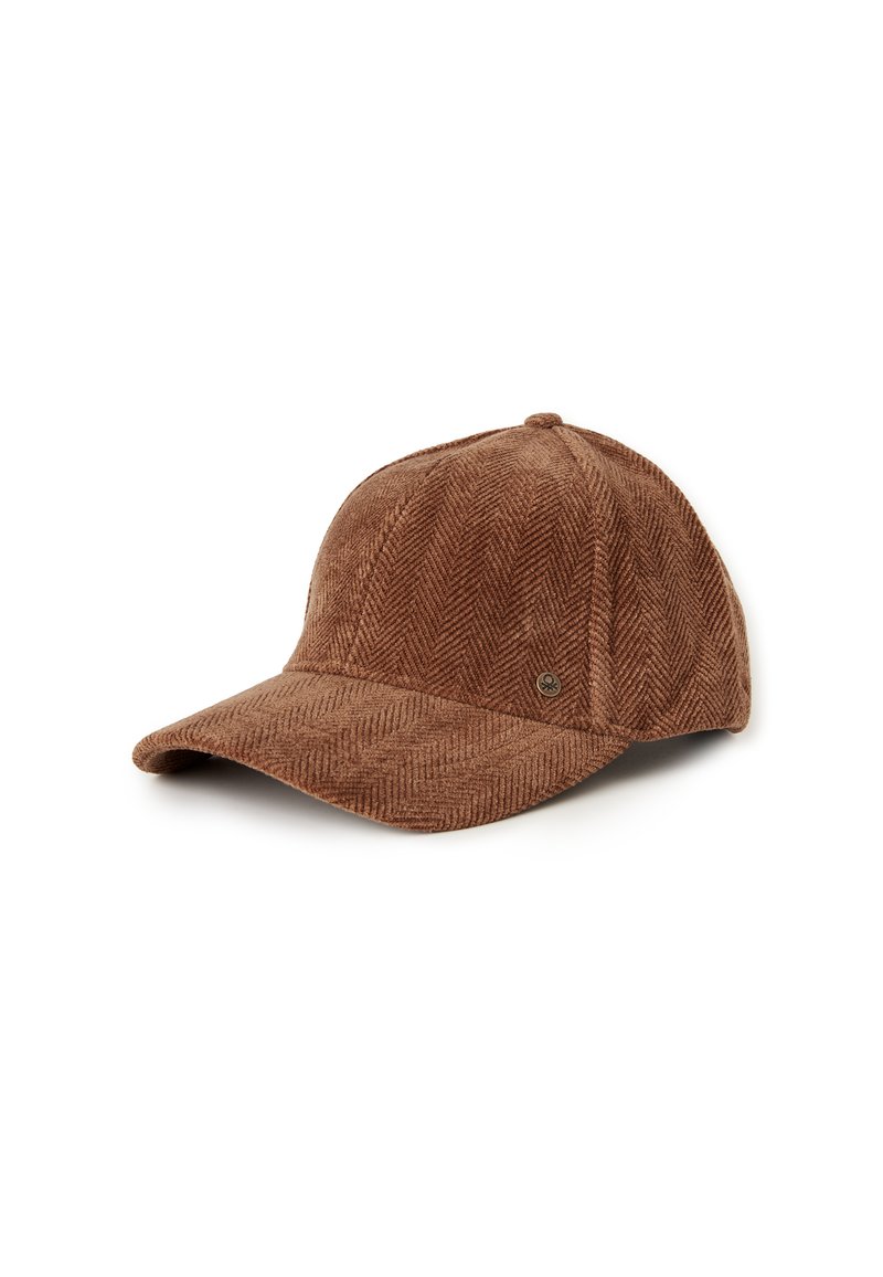 Brauner Baseballcap im Fischgrätmuster aus strukturiertem Stoff, mit einem gebogenen Schirm und einem kleinen Logo-Detail an der Seite.