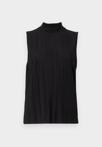 Czarny bezrękawnik z wysokim kołnierzem i pionowymi fałdami, o gładkiej fakturze i luźnym kroju. Brak widocznych logo lub wzorów.