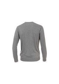 Grauer Sweatshirt mit langen Ärmeln, Rundhalsausschnitt, gerippten Bündchen und Saum, aus weichem Baumwollmaterial mit glatter Textur.