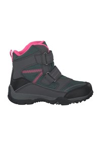 Botas de senderismo para niños en negro y rosa con dos correas ajustables, tobillo acolchado y suela resistente para uso exterior.