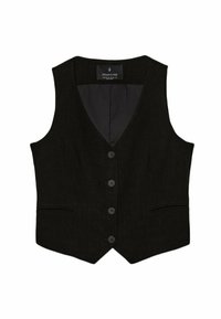 Czarna kamizelka o teksturowanej powierzchni, z dekoltem w kształcie litery V, pięcioma guzikami i dwiema przednimi kieszeniami. Widoczna podszewka.