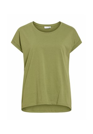 Løs, kortærmet t-shirt i olivengrøn bomuld. Rund halsudskæring og buet kant. Blød tekstur uden synlige mønstre eller detaljer.