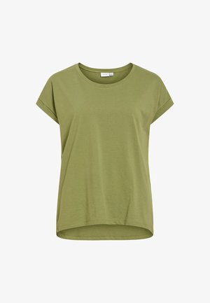 Ohlapna majica s kratkimi rokavi iz bombaža v olivno zeleni barvi. Okrogel izrez in ukrivljen rob. Mehka tekstura brez vidnih vzorcev ali poudarkov.